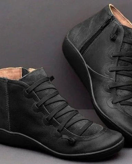 Stiefeletten Damen Kunstleder Schnürung Seitlichem Reißverschluss Knöchelhohe Boots - Schwarz