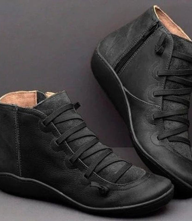 Stiefeletten Damen Kunstleder Schnürung Seitlichem Reißverschluss Knöchelhohe Boots - Schwarz