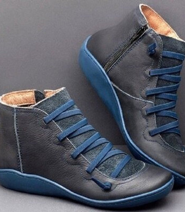 Stiefeletten Damen Kunstleder Schnürung Seitlichem Reißverschluss Knöchelhohe Boots - Blau