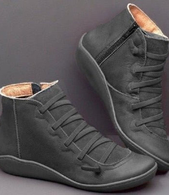 Stiefeletten Damen Kunstleder Schnürung Seitlichem Reißverschluss Knöchelhohe Boots - Grau