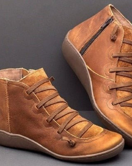 Stiefeletten Damen Kunstleder Schnürung Seitlichem Reißverschluss Knöchelhohe Boots - Rostbraun