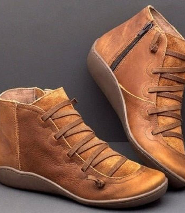 Stiefeletten Damen Kunstleder Schnürung Seitlichem Reißverschluss Knöchelhohe Boots - Rostbraun