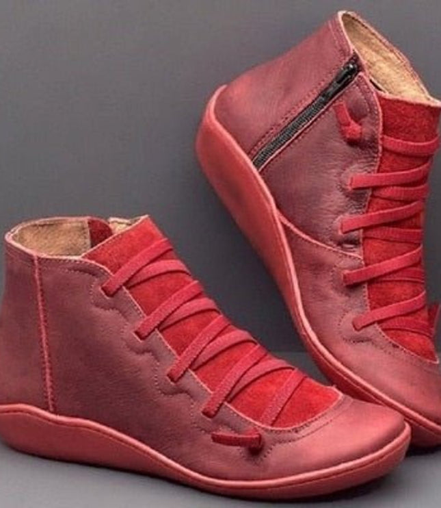 Stiefeletten Damen Kunstleder Schnürung Seitlichem Reißverschluss Knöchelhohe Boots - Rot