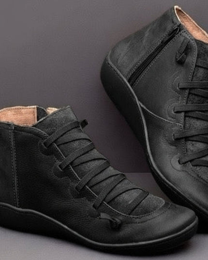 Stiefeletten Damen Kunstleder Schnürung Seitlichem Reißverschluss Knöchelhohe Boots