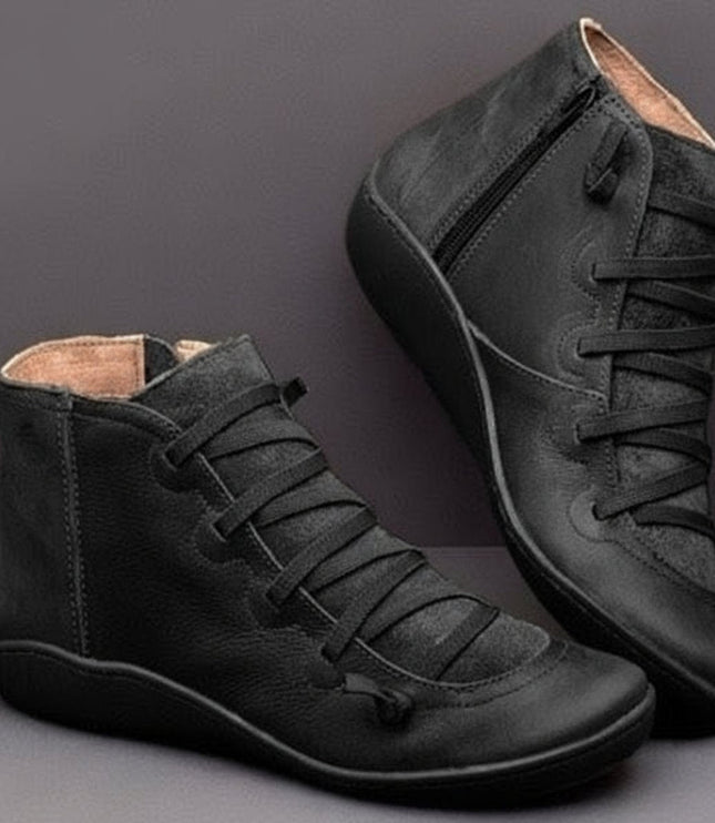 Stiefeletten Damen Kunstleder Schnürung Seitlichem Reißverschluss Knöchelhohe Boots