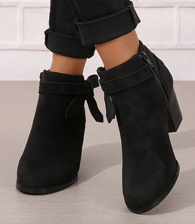 Damskie Botki Sztyblety na Słupku z Kokardą i Suwakiem