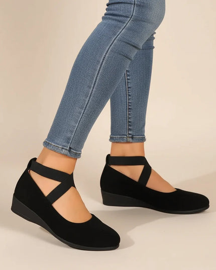 Damskie Buty Mary Jane na Koturnie Krzyżowane Paski na Kostce