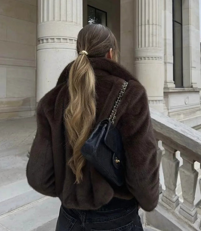 Kunstpelzmantel Damen Kurzjacke klassischer Kragen kuscheliger Kunstpelz