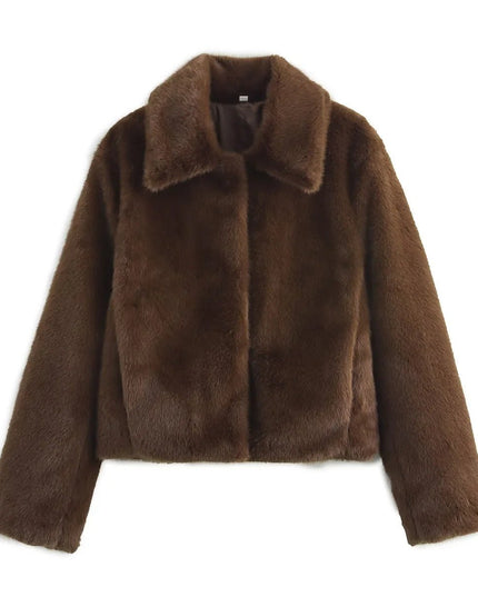 Kunstpelzmantel Damen Kurzjacke klassischer Kragen kuscheliger Kunstpelz - Dunkelbraun