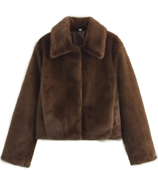 Kunstpelzmantel Damen Kurzjacke klassischer Kragen kuscheliger Kunstpelz - Dunkelbraun