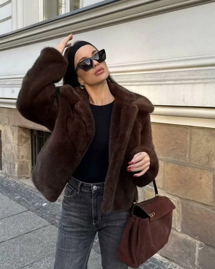 Kunstpelzmantel Damen Kurzjacke klassischer Kragen kuscheliger Kunstpelz
