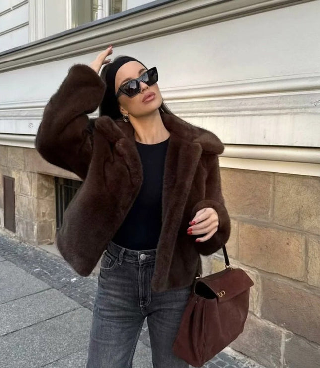 Kunstpelzmantel Damen Kurzjacke klassischer Kragen kuscheliger Kunstpelz