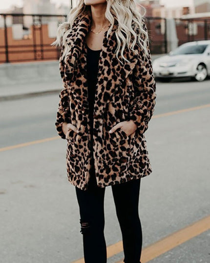 Wintermantel Damen Leopardenmuster Plüsch Kunstpelz Jacke