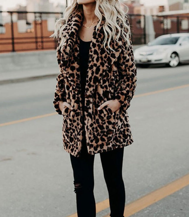 Wintermantel Damen Leopardenmuster Plüsch Kunstpelz Jacke