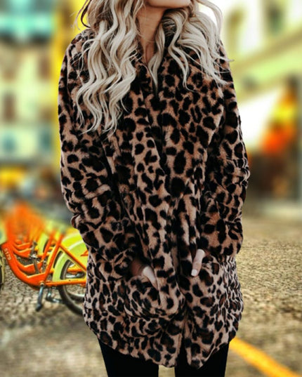 Wintermantel Damen Leopardenmuster Plüsch Kunstpelz Jacke