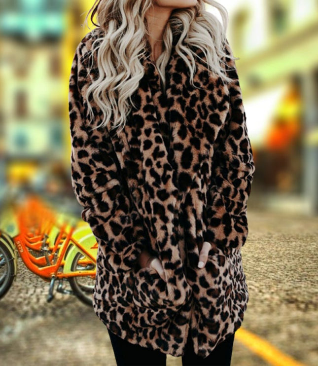 Wintermantel Damen Leopardenmuster Plüsch Kunstpelz Jacke