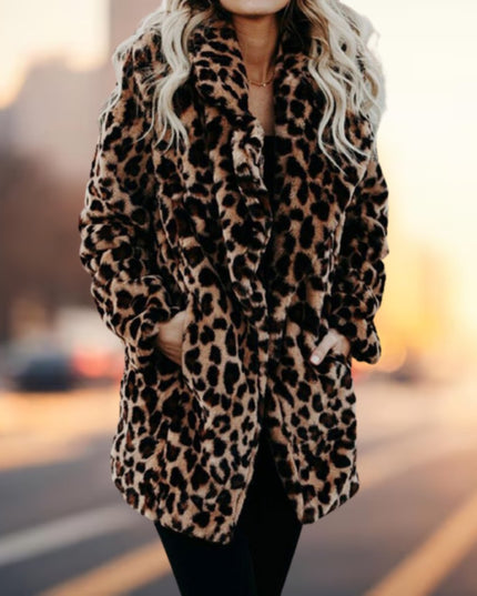 Wintermantel Damen Leopardenmuster Plüsch Kunstpelz Jacke - Leopardenmuster