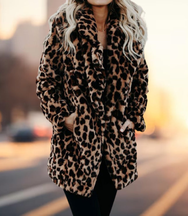 Wintermantel Damen Leopardenmuster Plüsch Kunstpelz Jacke - Leopardenmuster