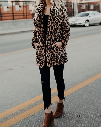 Wintermantel Damen Leopardenmuster Plüsch Kunstpelz Jacke