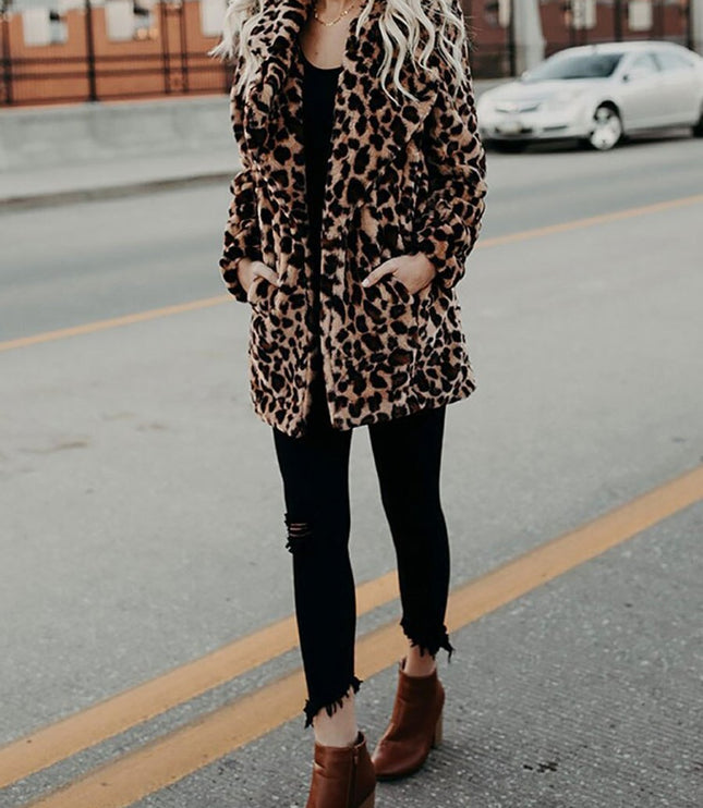 Wintermantel Damen Leopardenmuster Plüsch Kunstpelz Jacke