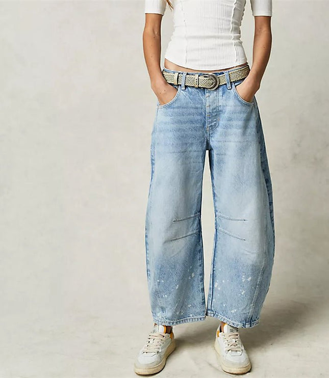 Damskie Jeansy High Waist Barrel Leg Relaxed z Efektem Acid Wash