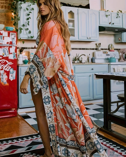 Damskie Kimono Maxi w Kwiaty Otwarte z Przodu Boho