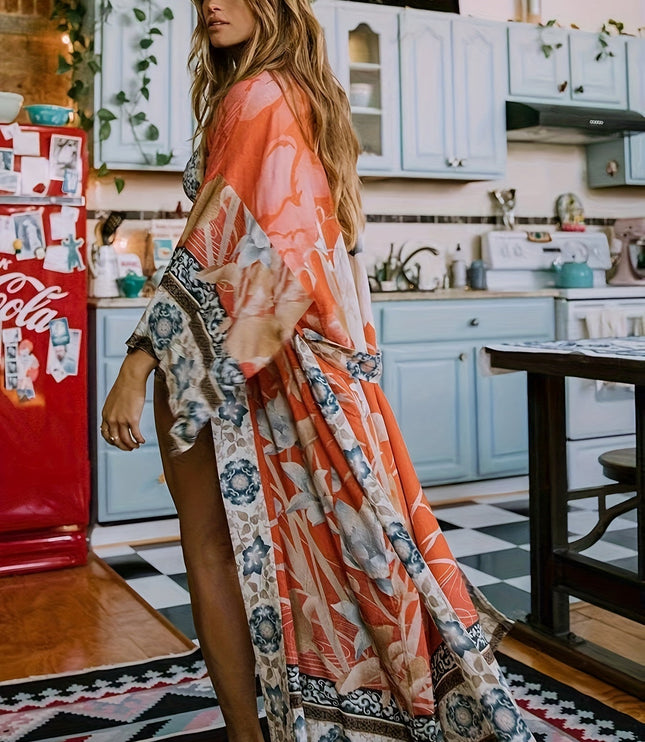 Damskie Kimono Maxi w Kwiaty Otwarte z Przodu Boho