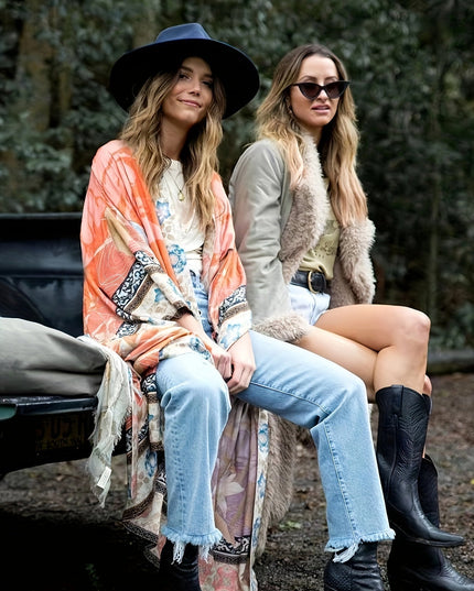 Damskie Kimono Maxi w Kwiaty Otwarte z Przodu Boho