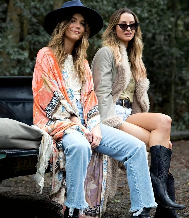 Damskie Kimono Maxi w Kwiaty Otwarte z Przodu Boho
