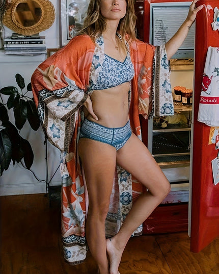 Damskie Kimono Maxi w Kwiaty Otwarte z Przodu Boho