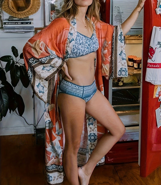 Damskie Kimono Maxi w Kwiaty Otwarte z Przodu Boho