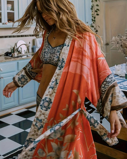 Damskie Kimono Maxi w Kwiaty Otwarte z Przodu Boho