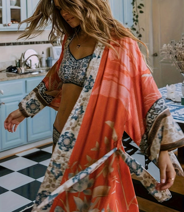Damskie Kimono Maxi w Kwiaty Otwarte z Przodu Boho