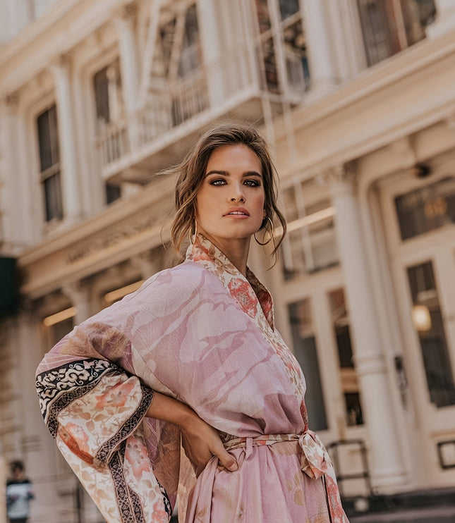 Damskie Kimono Maxi w Kwiaty Otwarte z Przodu Boho