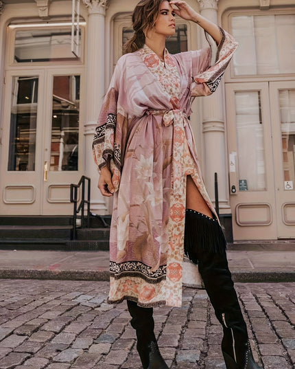 Damskie Kimono Maxi w Kwiaty Otwarte z Przodu Boho