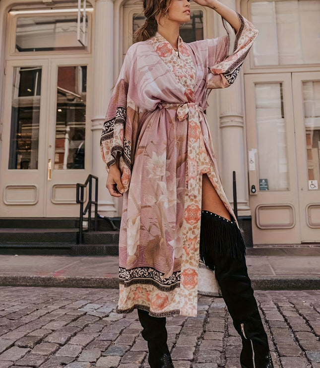 Damskie Kimono Maxi w Kwiaty Otwarte z Przodu Boho