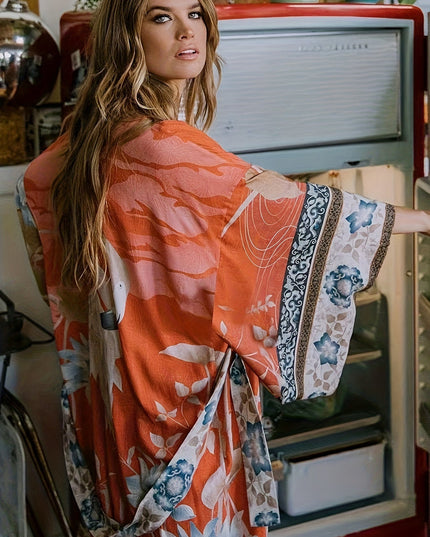 Damskie Kimono Maxi w Kwiaty Otwarte z Przodu Boho