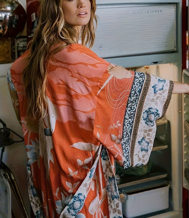 Damskie Kimono Maxi w Kwiaty Otwarte z Przodu Boho