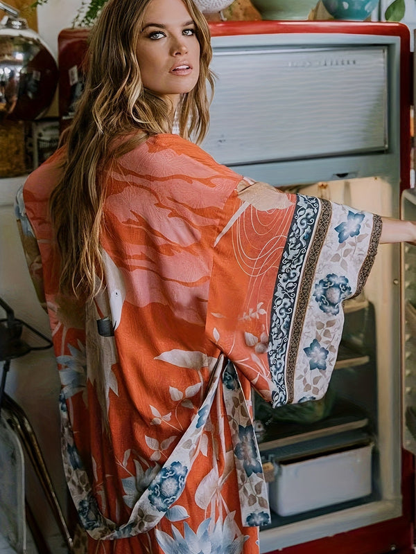 Damskie Kimono Maxi w Kwiaty Otwarte z Przodu Boho