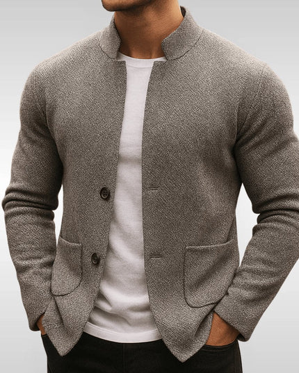Men's Quilted Jacket Knit-Texture Mandarin-Collar Button-Front Blazer - Gray