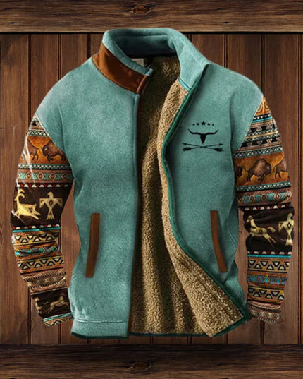 Men's Aztec Print Sherpa-Lined Full-Zip Mens Cardigan Jacket - Blue with Print