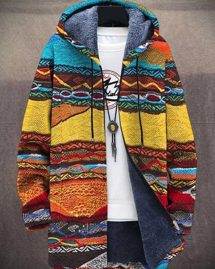 Men's Fleece-Lined Zip-Up Hooded Cardigan Abstract Art Print - Retro