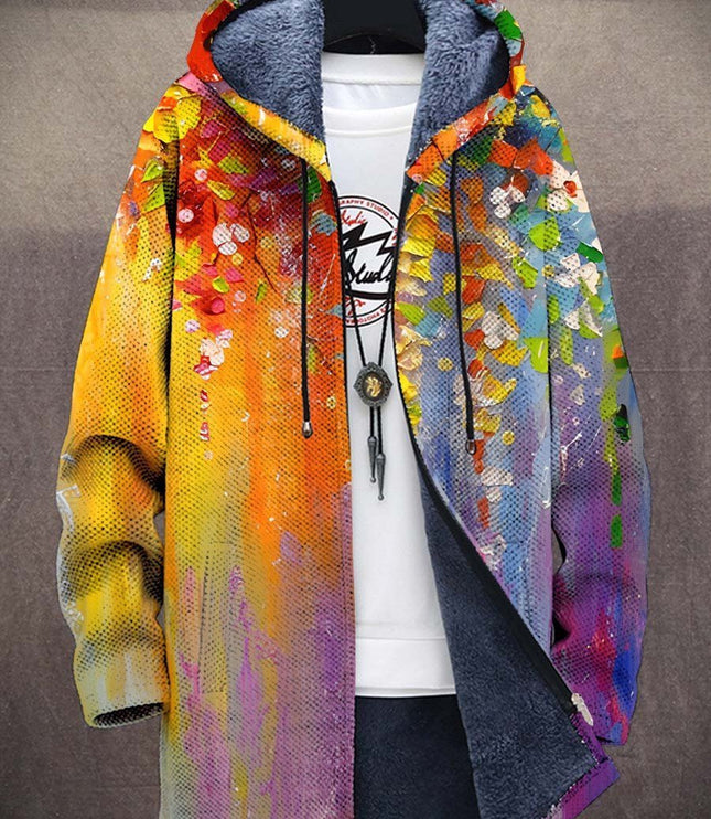 Men's Fleece-Lined Zip-Up Hooded Cardigan Abstract Art Print
