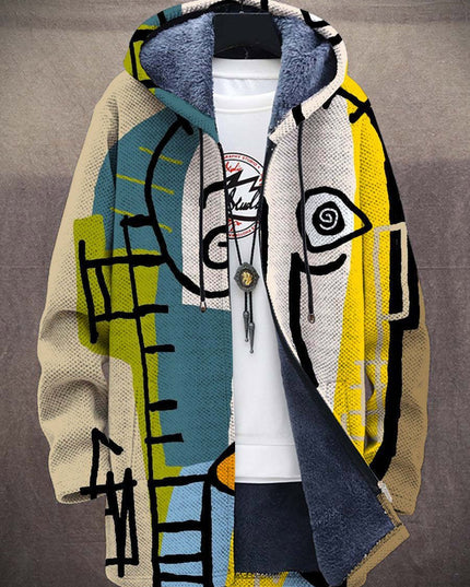 Men's Oversized Art-Print Fleece-Lined Zip-Up Hooded Cardigan - Multicolor