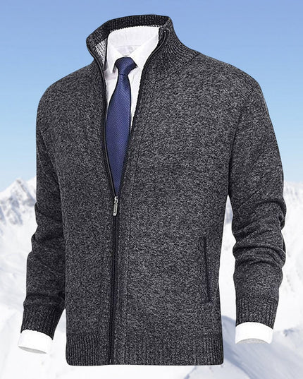 Men's Zip-Up Stand-Collar Knit Fleece-Lined Mens Cardigan Sweater - Dark Gray