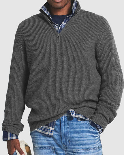 Men's Quarter-Zip Ribbed Knit Sweater Business Casual Pullover - Gray
