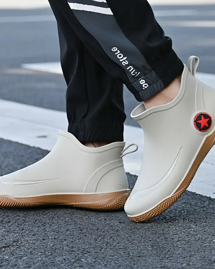 Ruben lichtgekleurde waterdichte slip-on regenlaarzen, zijaanzicht gedragen
